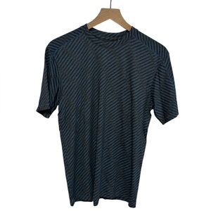 Men's tasc Performance Recess Tech Spectrum Blue and Grey Striped Tee. Size S